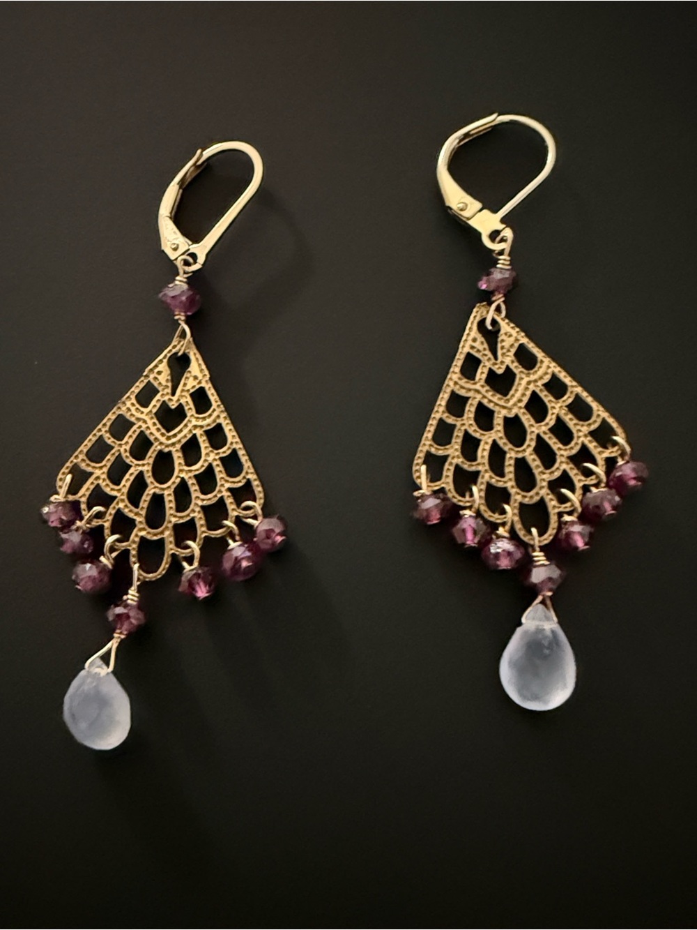 Gold Filigree Teardrop Earrings with Pale lavender drops